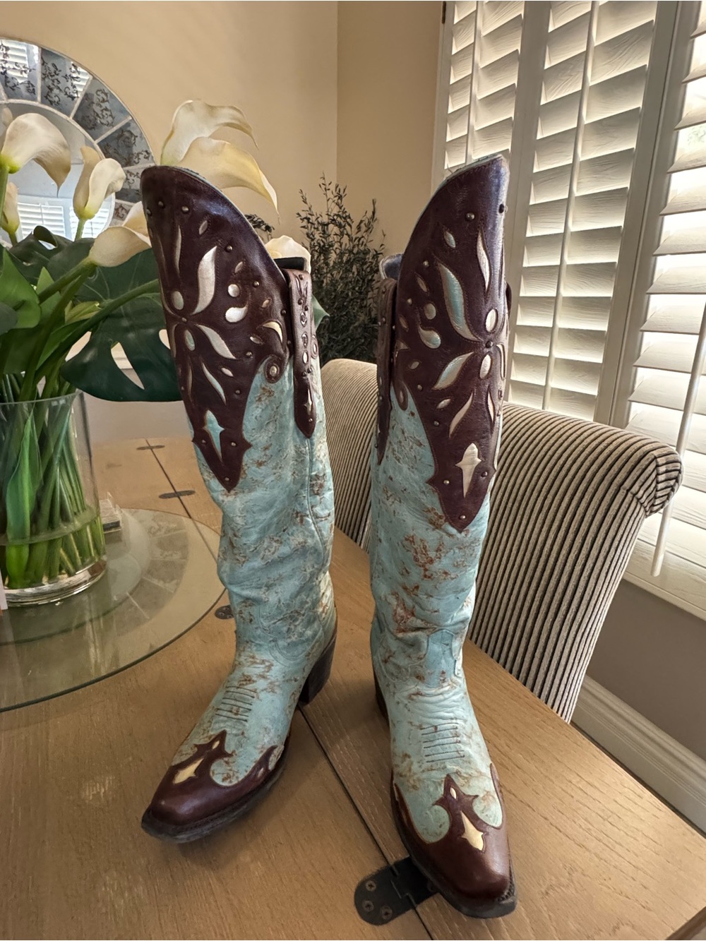 LANE Turquoise and Brown Over-the-Knee Western Boots